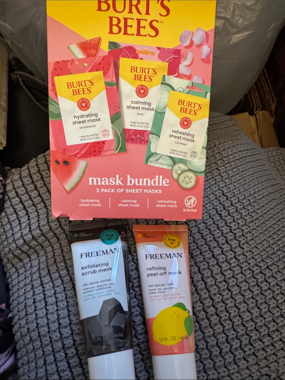 Burt's Bees Pink and Yellow Sheet Mask Bundle with Freeman Face Masks